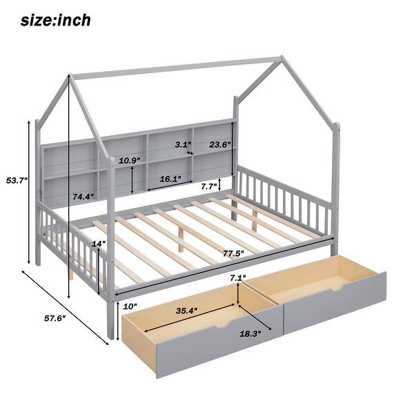 dimension image slide 1 of 2, Full Size House Bed for Kids with Storage Drawers and Shelf, Wooden Bed with Roof