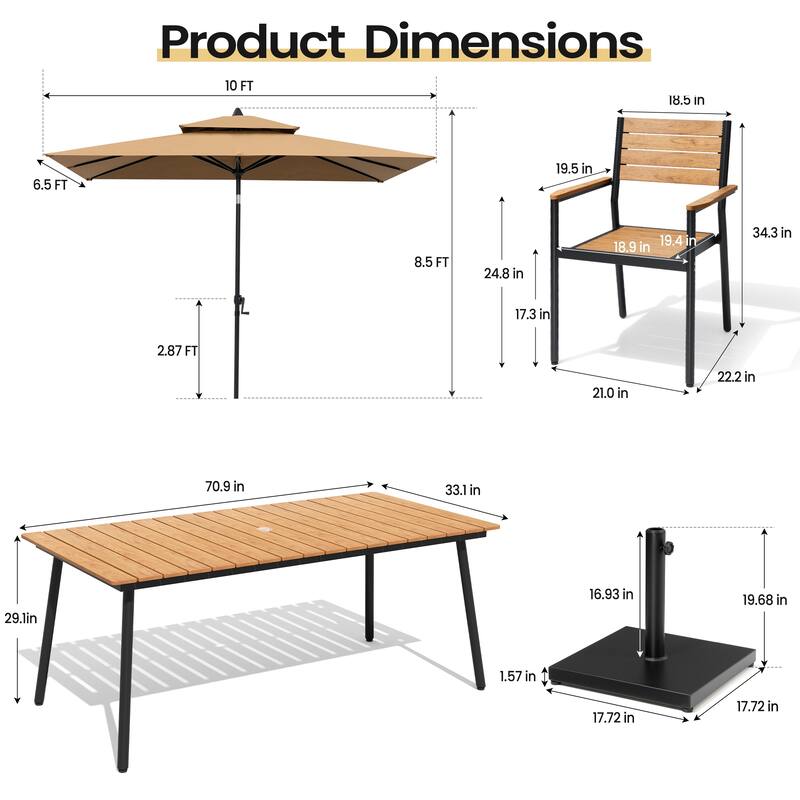9PC Outdoor Patio Dining Set Wood-Like Aluminum Umbrella Hole Table with Stackable Armchairs,Double Top Market Umbrella and Base