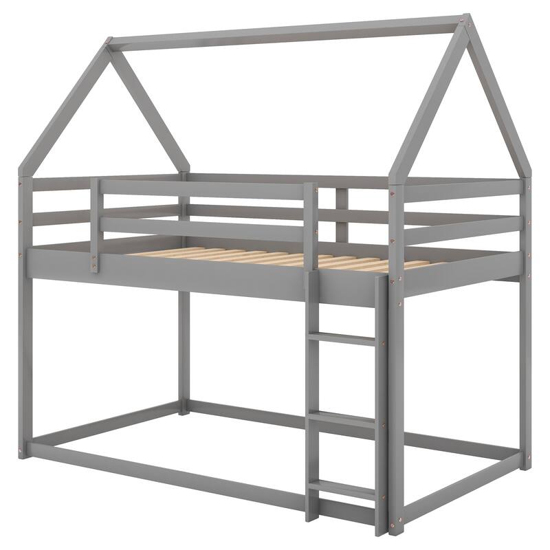 Low Bunk House Bed with Ladder, Twin over Twin, Gray