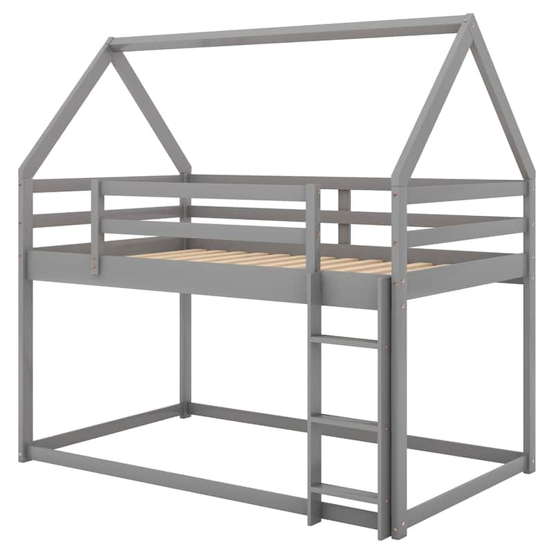 Roomfitters Twin over Twin Low Bunk House Bed with Ladder, Sturdy Frame and Space Saving Design