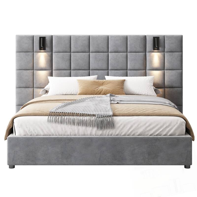Velvet Upholstered bed with reading lamp and USB port