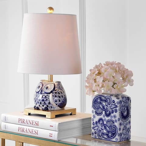 Tiki 16" Ceramic Mini LED Table Lamp, Blue/White by JONATHAN Y