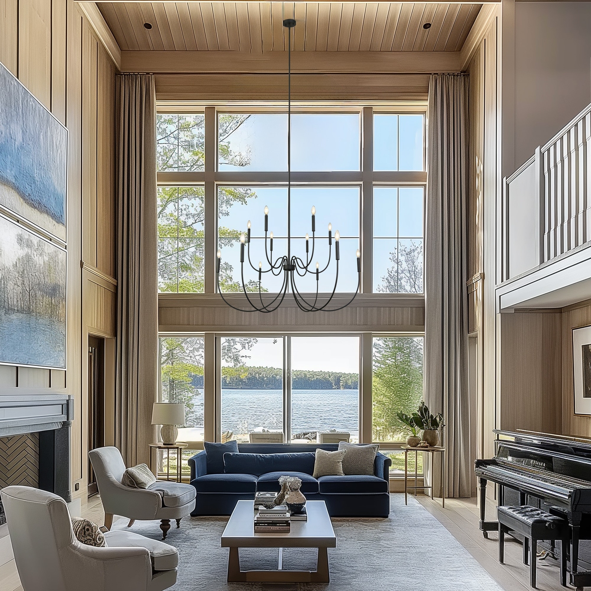 Modern Farmhouse 12-Light Oversized Black Chandelier Wheel Candle Lights - D 47.2" x H 27.6"