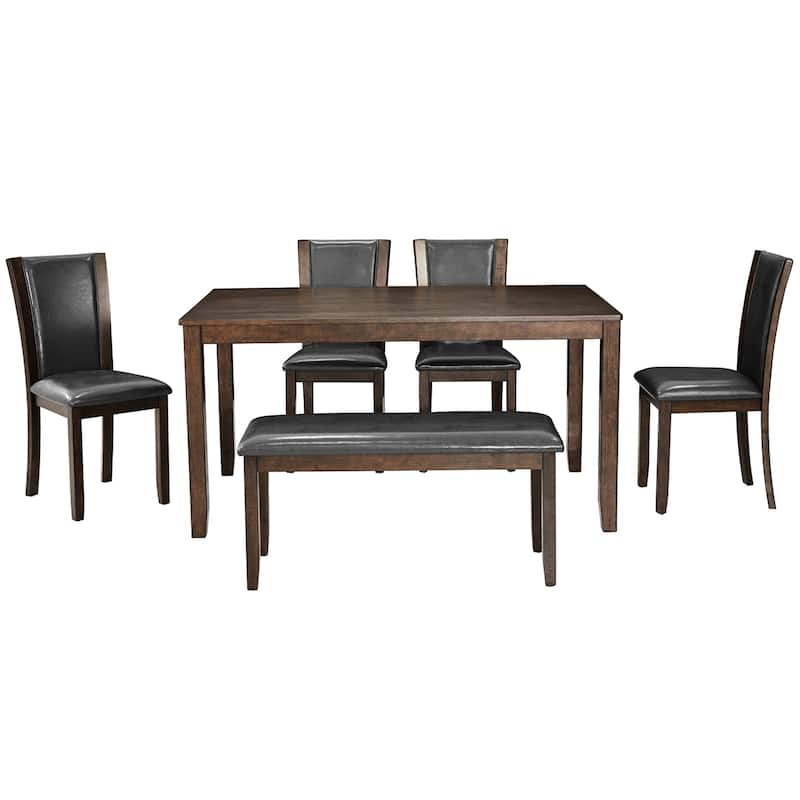 6-Piece Kitchen Set with Upholstered Chairs and Padded Bench - Dark Walnut