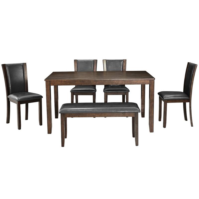 6 Piece Wooden Modern Dining Set for 6 Persons, Rectangular Table with Solid Back Upholstered Chair & Bench, for Kitchen Room