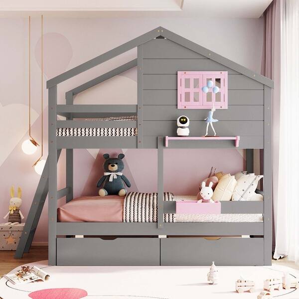 slide 2 of 17, Twin over Twin Bunk Bed with 2 Drawers, 1 Storage Box, 1 Shelf, Window and Roof Grey