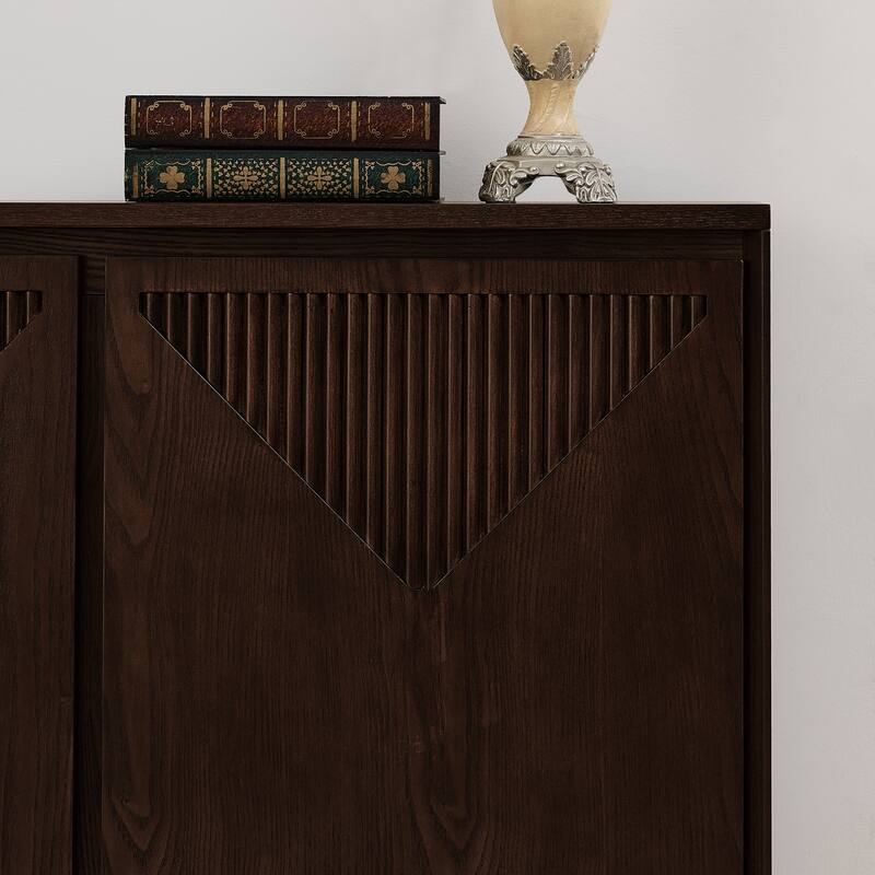 V-Shaped Fluted Storage Cabinet, Multi-Functional Narrow Side Cabinet, Wood Buffet Cabinet with 2 Doors & 2 Outlet Holes