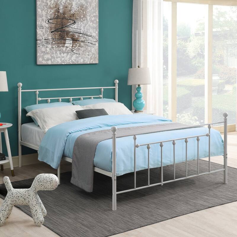 White White Victorian Metal Bed Frame Full Size Heavy Duty Platform Bed Frame with Headboard & Footboard No Box Spring Needed - Queen