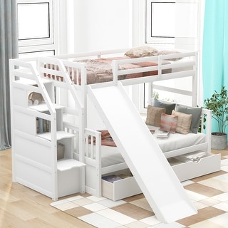 Elegant Twin over Full Bunk Bed with 2 Drawers, 3 Storage Grids, Ladder with handrails, Storage and Slide, Multifunction, White