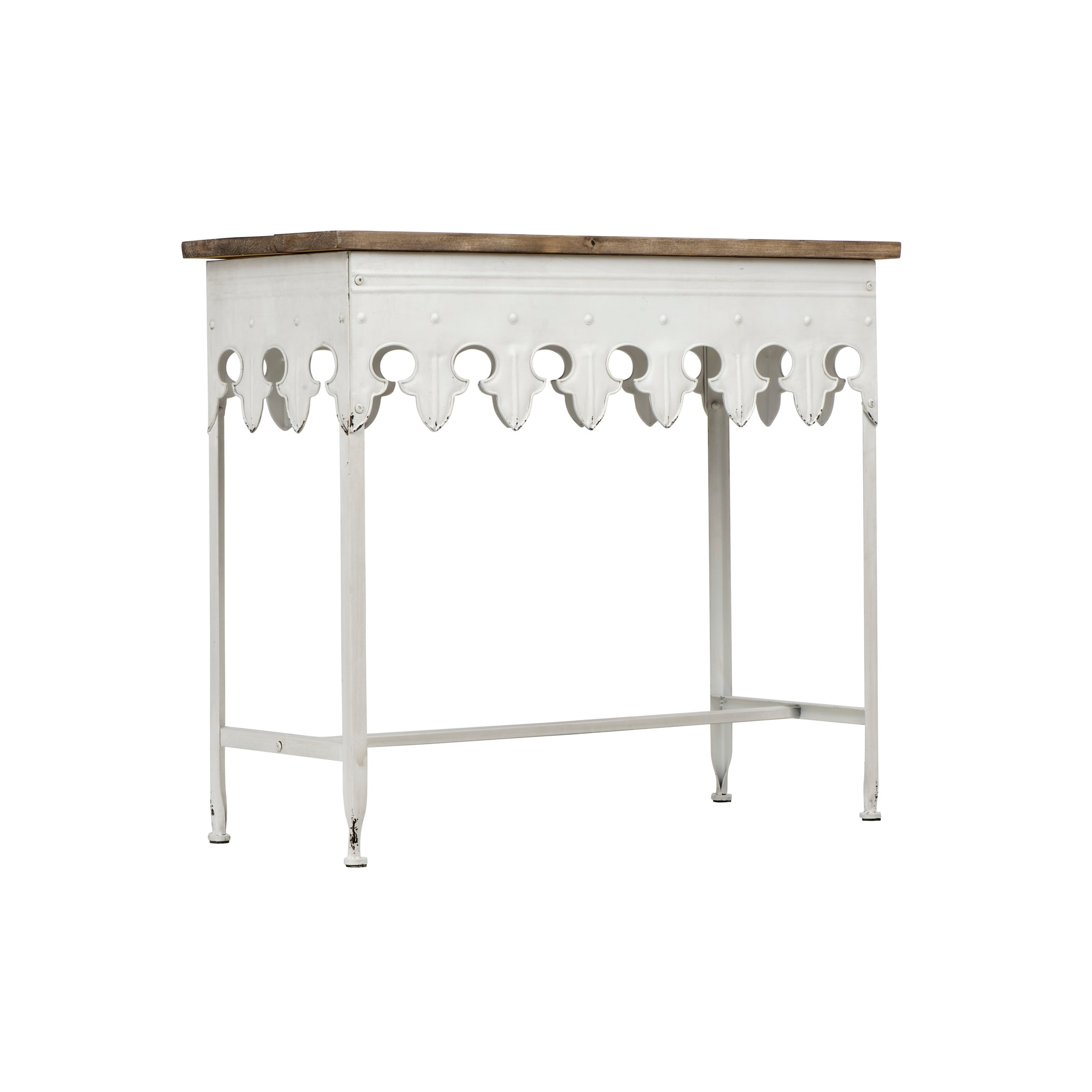 Scalloped edge metal table store with wood top