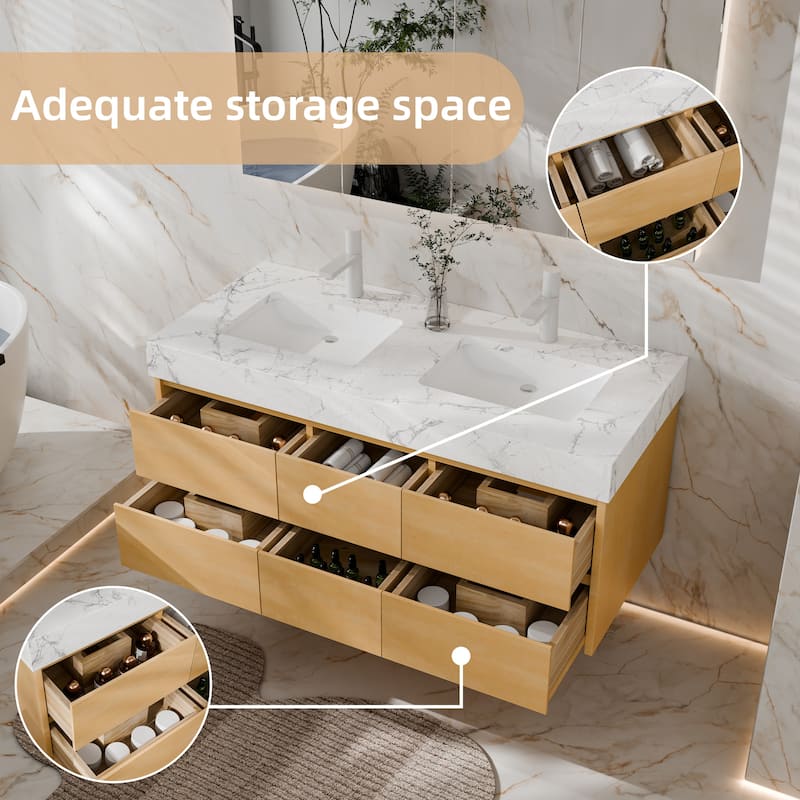 Modland 48" Wall-Mount Double Vanity with LED Lights & 6 Soft-Close Drawers - Engineered Stone Top, Maple Finish - 48 inch