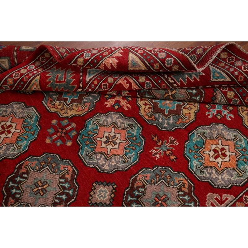 All-Over Red Geometric Kazak Area Rug Handmade Wool Carpet - 6'5" x 9'9"