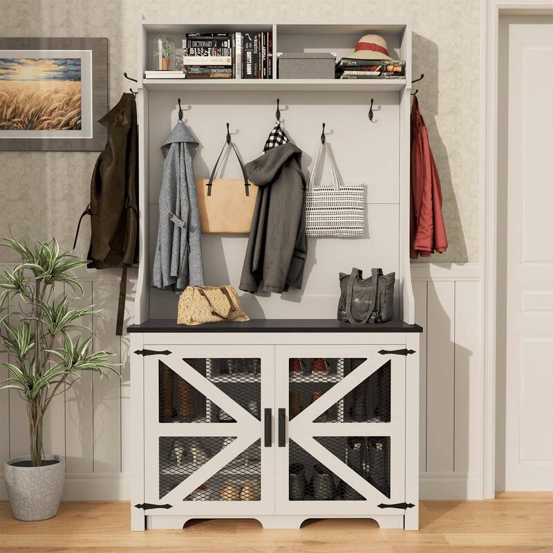 Gymojoy 77" Hall Tree with Bench & Shoe Storage, 4-in-1 Farmhouse Entryway Organizer for Mudroom, Hallway