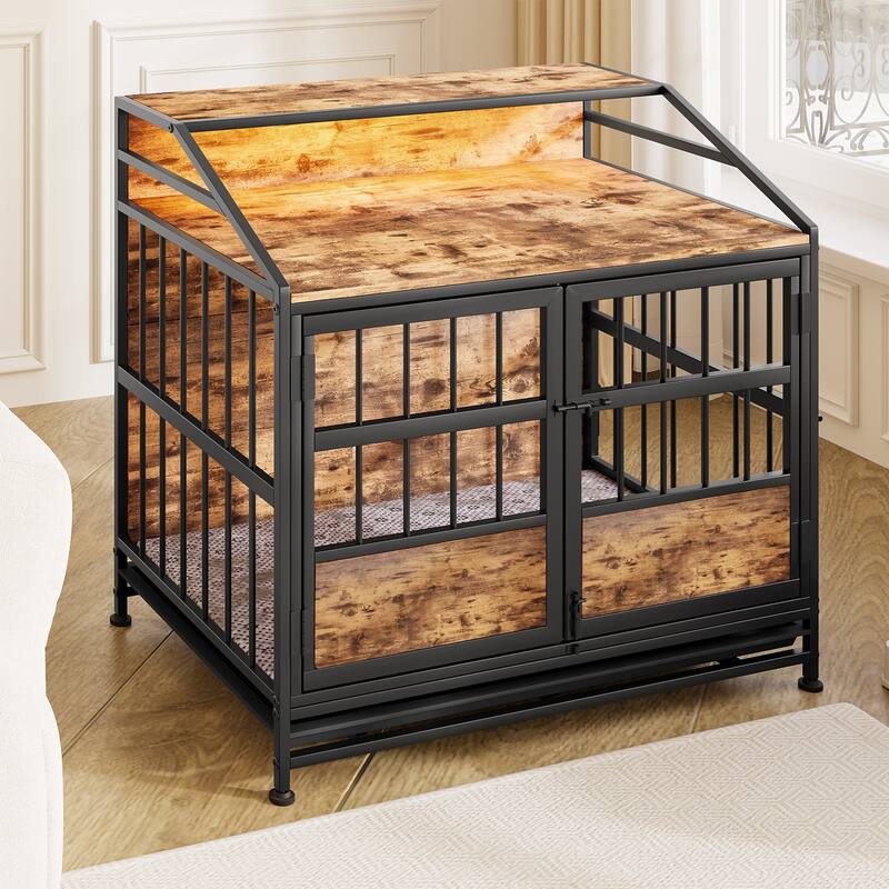 2 Doors Multi-Function Furniture Dog Crates with Adjustable Footrest, Wooden Dog Kennel with Pull-Out Tray