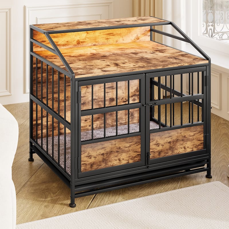 Anmytek Large Wooden Dog Crate Furniture Multi Function Indoor Dog Kennel with Storage and Double Doors