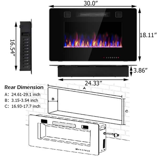 dimension image slide 4 of 5, Electric Fireplace Recessed Wall Mounted Fireplace Heater