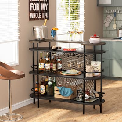Corner Bar Unit Bar Table with Wine Glass Holder, 4 Tier Storage Shelves and Footrest for Home Bar