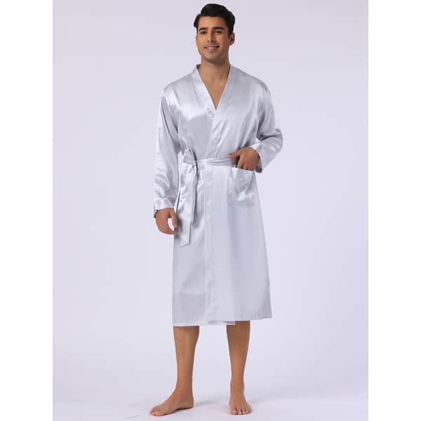 slide 2 of 4, Men's Satin Robe Nightdress Sleepwear Pajama Dress Bathrobe Silver - M