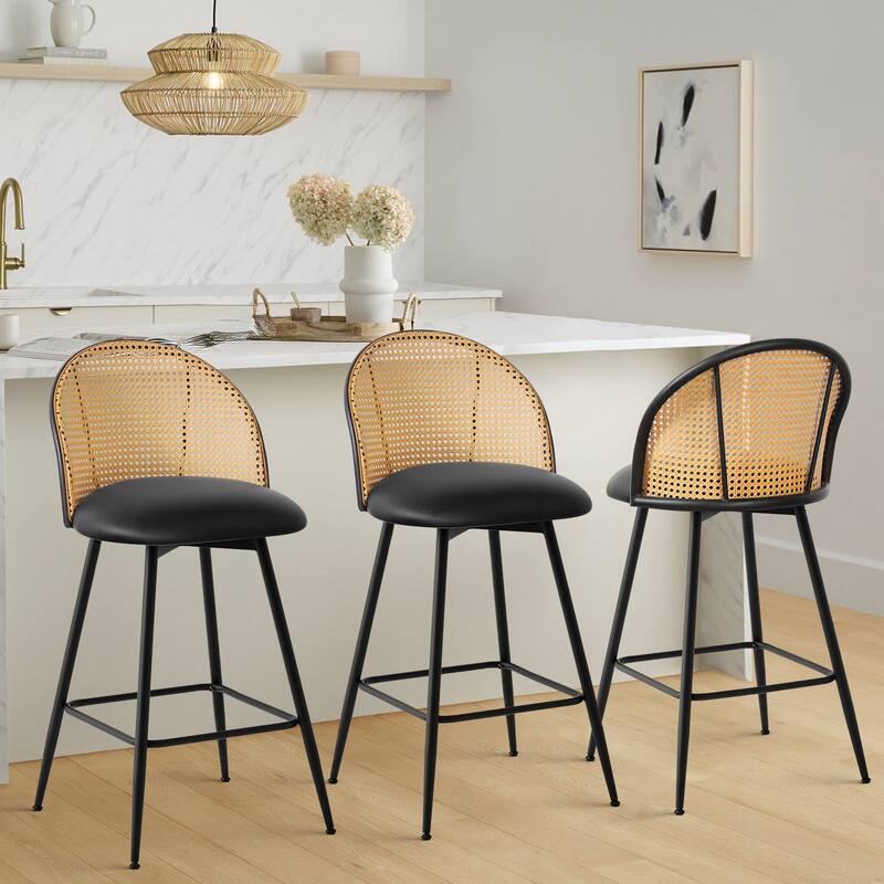 Upholstered Swivel Counter/ Bar Stools with Rattan Back - Set of 3 - Leather-Black - Counter Height