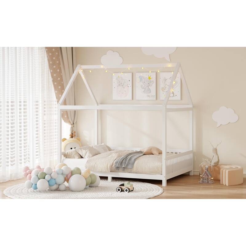 House-Shaped Wood Bed with LED Lights, Twin/Full Size, White - Includes Guardrail