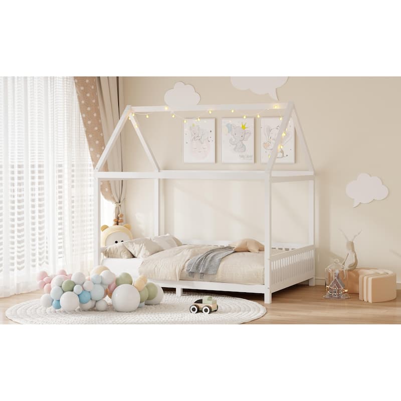 Solid Wood House Bed with Guardrail, LED, and Roof