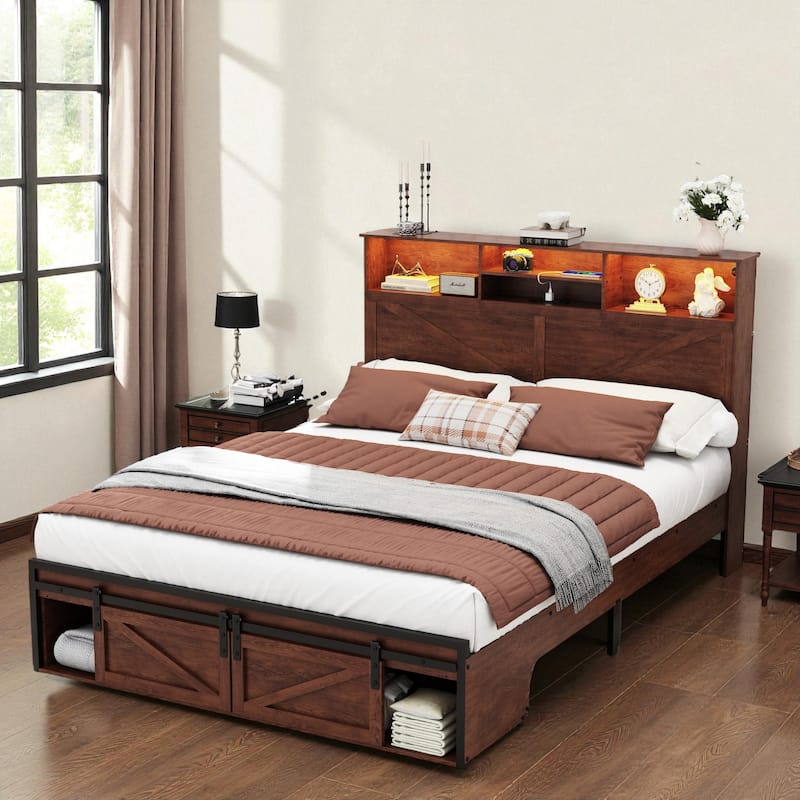 Farmhouse Full/Queen Bed Frame with Storage Headboard, Charging Station and RGB LED Lights, MDF and Steel Platform Bed