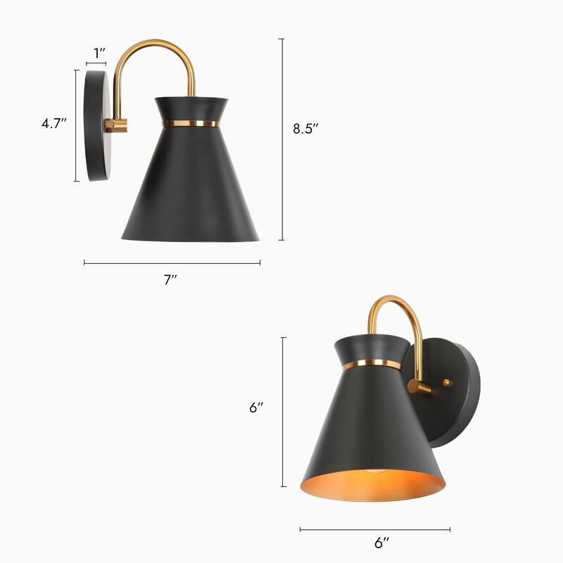 Modern Industrial 1-Light Black Gold Wall Sconce Lighting with Metal Shade - 6" L x 7" W x 8.5" H