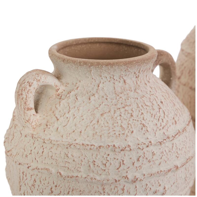 Ceramic Textured Vase with Handles and Terracotta Accents - Set of 2 Cream - Roche River Decor - 8"W x 8"L x 11"H