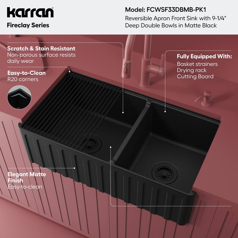 Karran 33" Double Bowl Workstation Fireclay Kitchen Sink with Reversible Fluted Apron Front