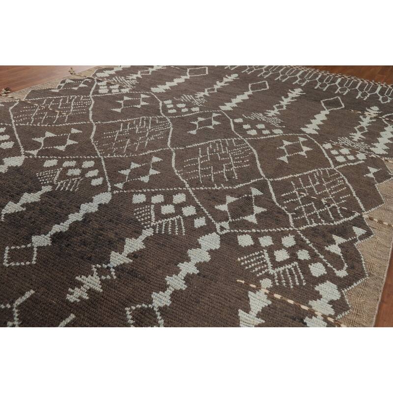 Brown Moroccan Area Rug Handmade Wool Carpet - 8'5" x 12'10"