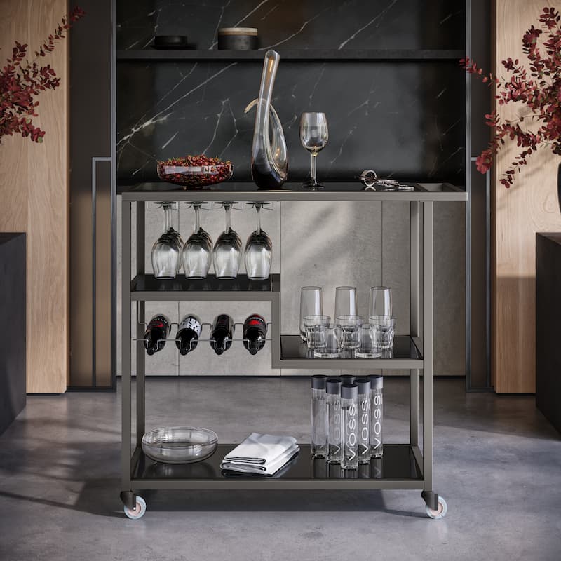 SEI Furniture Glenn Glass Top Grey Metal Bar Cart