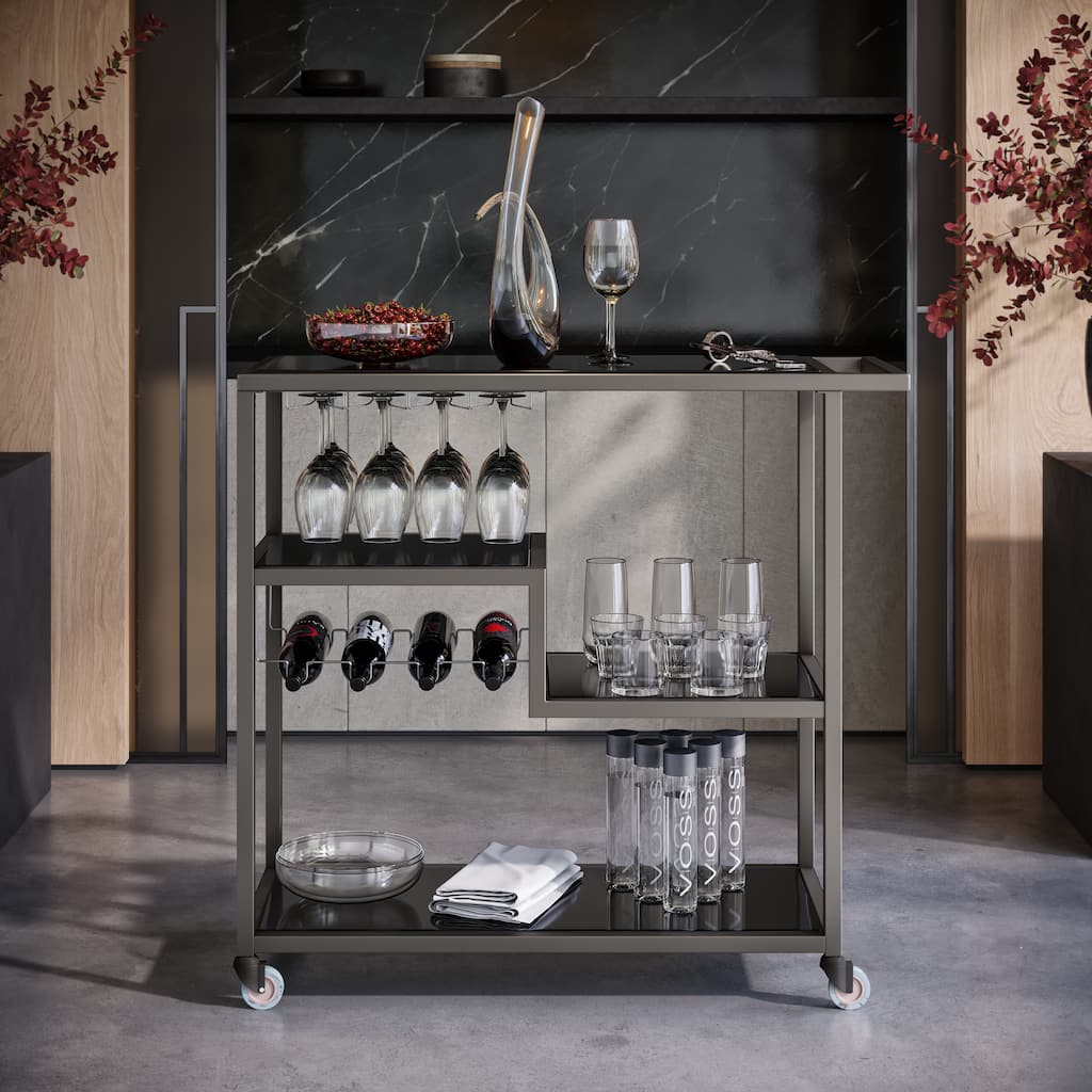 SEI Furniture Glenn Glass Top Grey Metal Bar Cart