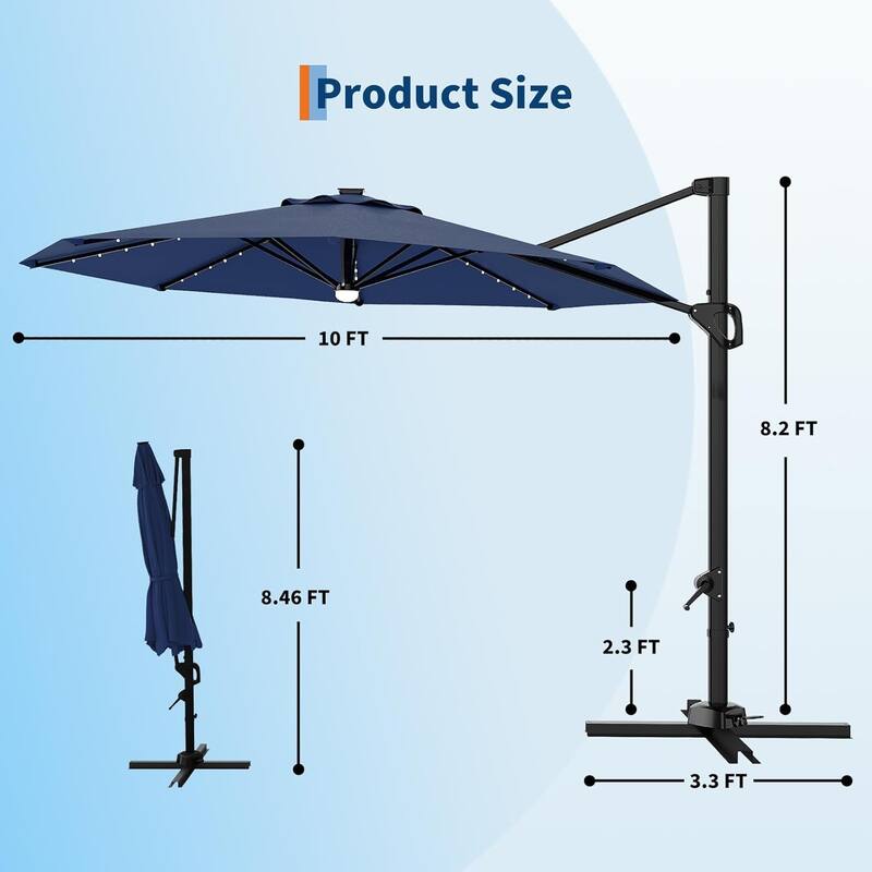 10FT Cantilever Patio Umbrella with Solar Lights, 360° Rotation Offset Umbrella