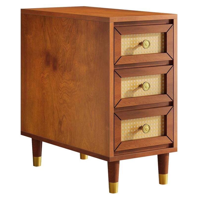 Solid Wood End Table with 3 Rattan Drawers, Narrow Slim Nightstand