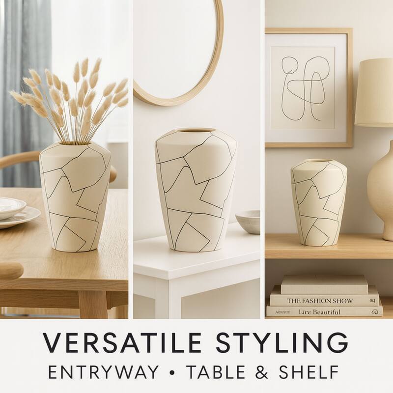 Modern Abstract Milky White Ceramic Vase with Black Line Design