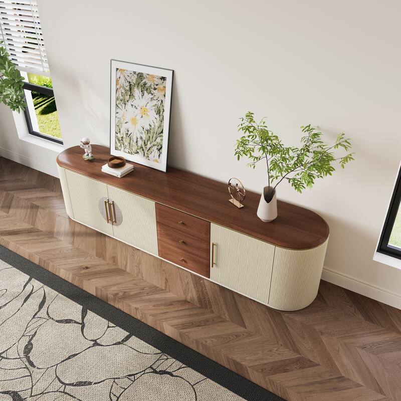 78.74" Mid-Century TV Stands, Fully Assembled,Brown Solid Wood Veneer, Media Console With 5 Cabinets+3 Drawers - 78.74