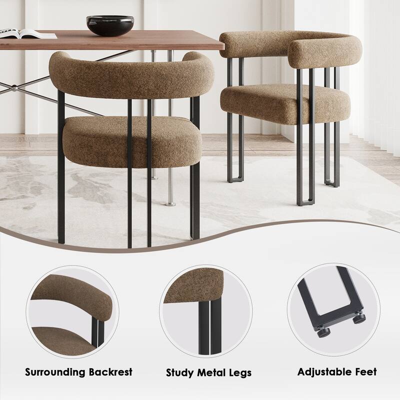 Set of 2 Upholstered Dining Chairs, Bouclé Fabric Accent Chairs with Metal Frame, with Cushioned Seat & Back