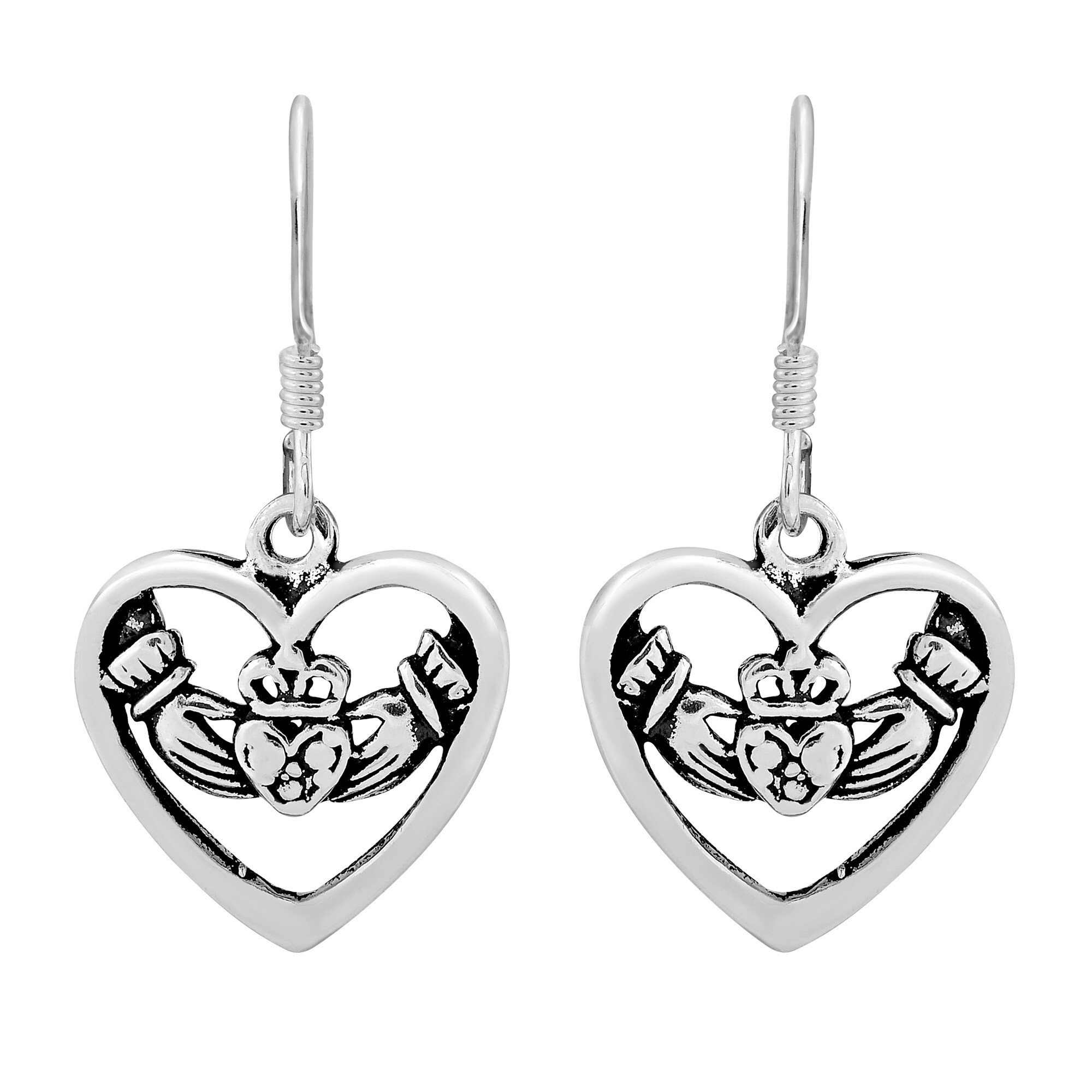 Claddagh in Heart Dangle Earrings 925 Sterling Silver love loyalty & friendship 