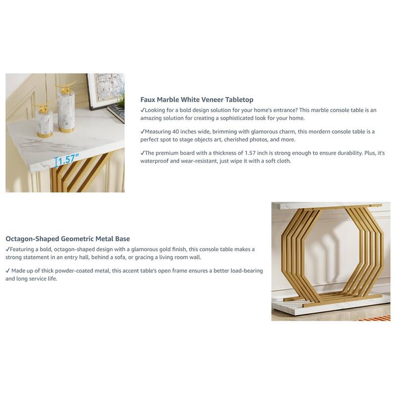 40" Faux Marble Entryway Narrow Console Table with Geometric Metal Base for Living Room, Hallway, Foyer