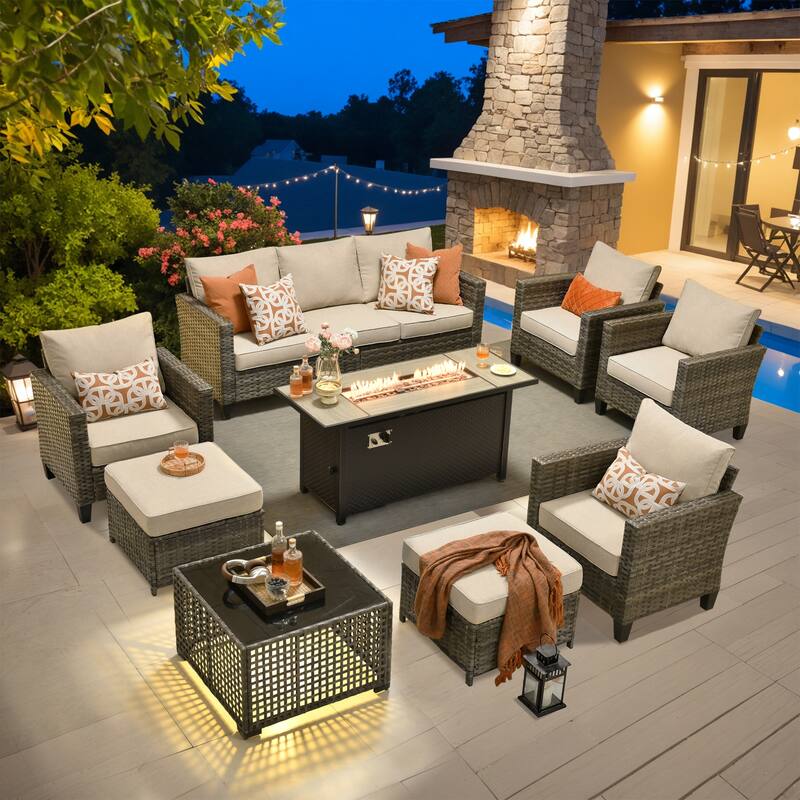 OVIOS 9 Pieces Patio Furniture Set with Solar-Powered Table & 54" Fire Table - Beige