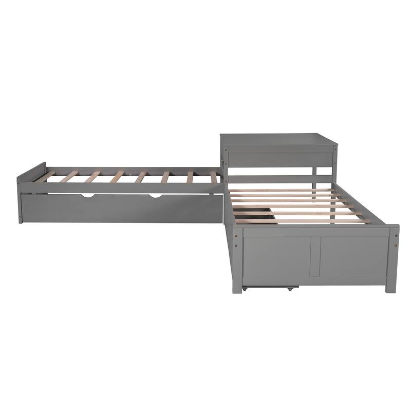 Solid Wood L-Shaped Bed with Trundle, Desk & Drawers - 3-in-1 Sleeping and Study Area