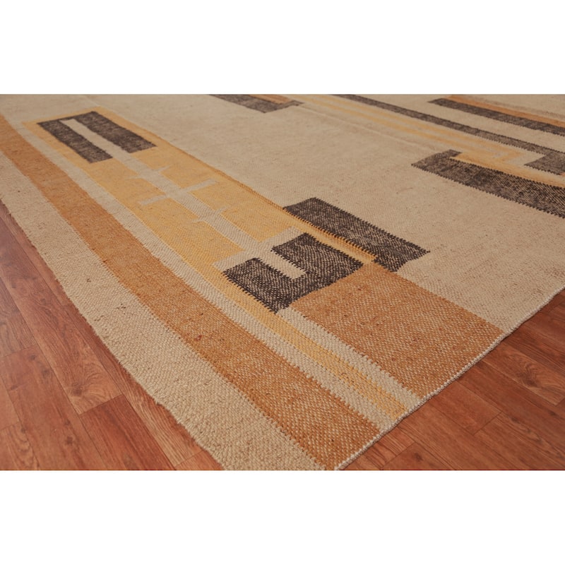 Hand Woven Oriental 100% Jute Carpet Southwestern Modern Beige & Ivories Kilim Area Rug - 12' 1'' X 9' 5''