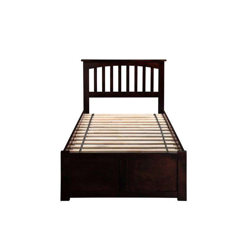 Twin Size Platform Bed with Trundle, USB Port - Espresso Finish, No Box Spring Needed, Modern Design
