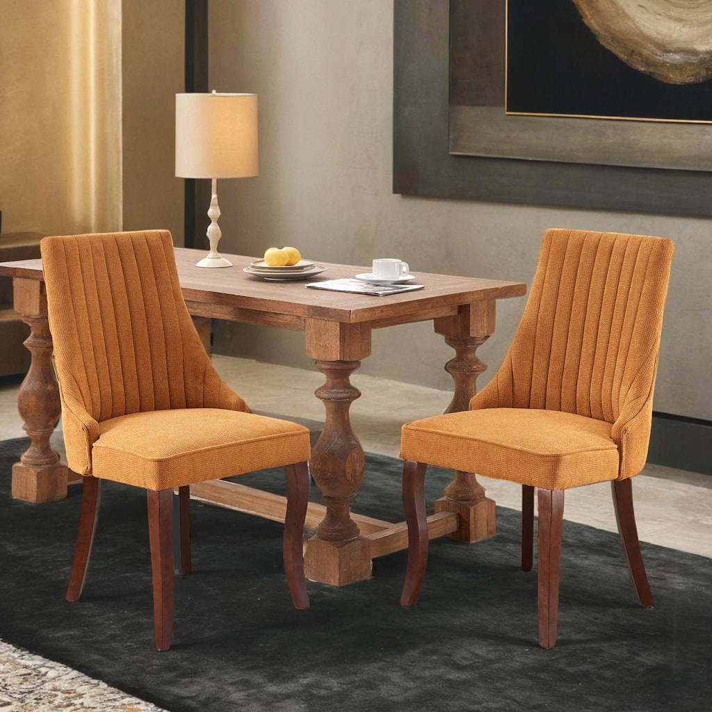 Rayon Cloth Flocking Linen Dining Chairs Channel Kitchen Dinner Chair Comfy Fabric Upholstered Accent Chair Wood Legs,Set of 2