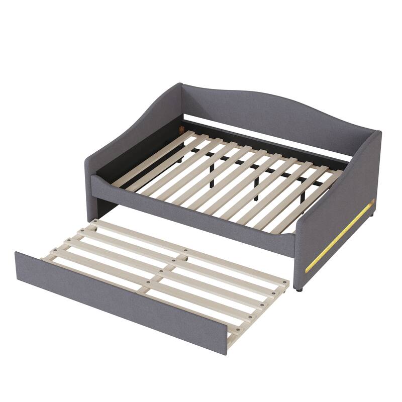 Full Size Upholstered Daybed with Trundle, Gray, Light Stripes, Modern Design