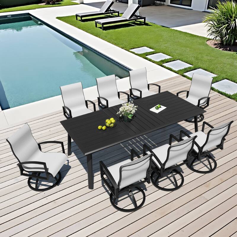 9-Piece Outdoor Dining Set Sunbrella Swivel Chair and Aluminum Dining Table with Umbrella Hole - Augustine Oyster