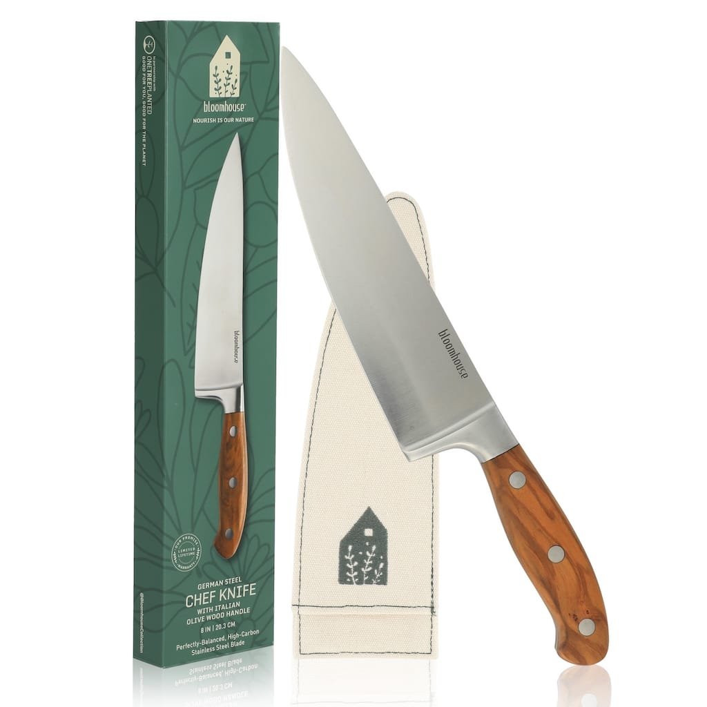 Bloomhouse 8 Inch German Steel Chef Knife W/ Italian Olive Wood Forged Handle