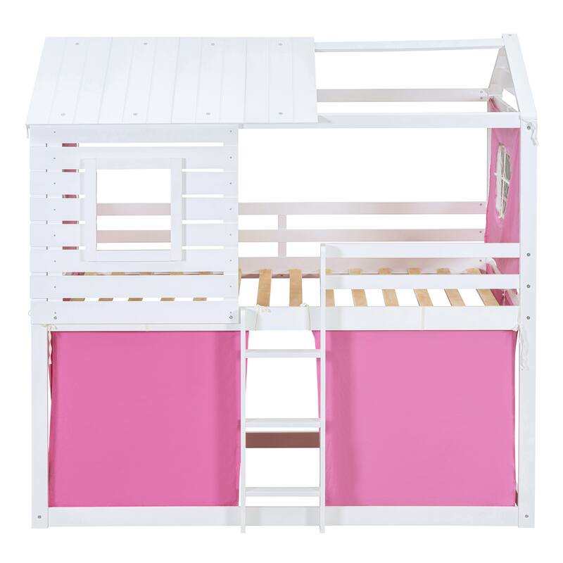 Pink+White Twin Size Solid Wood House Bunk Bed with Tent, Ladder and Fence for Kids, Bedroom