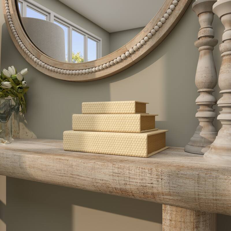 Cream, Black, Copper, Beige or Brown Faux Leather Woven Faux Book Storage Decorative Box (Set of 3)