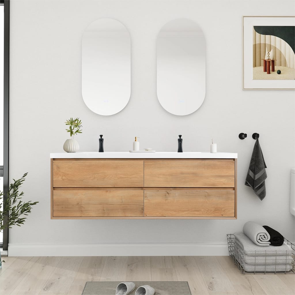 NebulaSky 60 in Wall Mounted Double Sink Bathroom Vanity with Top Combo Cabinet Vanity Set Invisible Handles